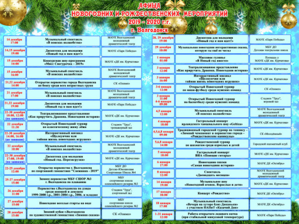 Афиша новогодних и рождественских мероприятий 2019-2020 в Волгодонске